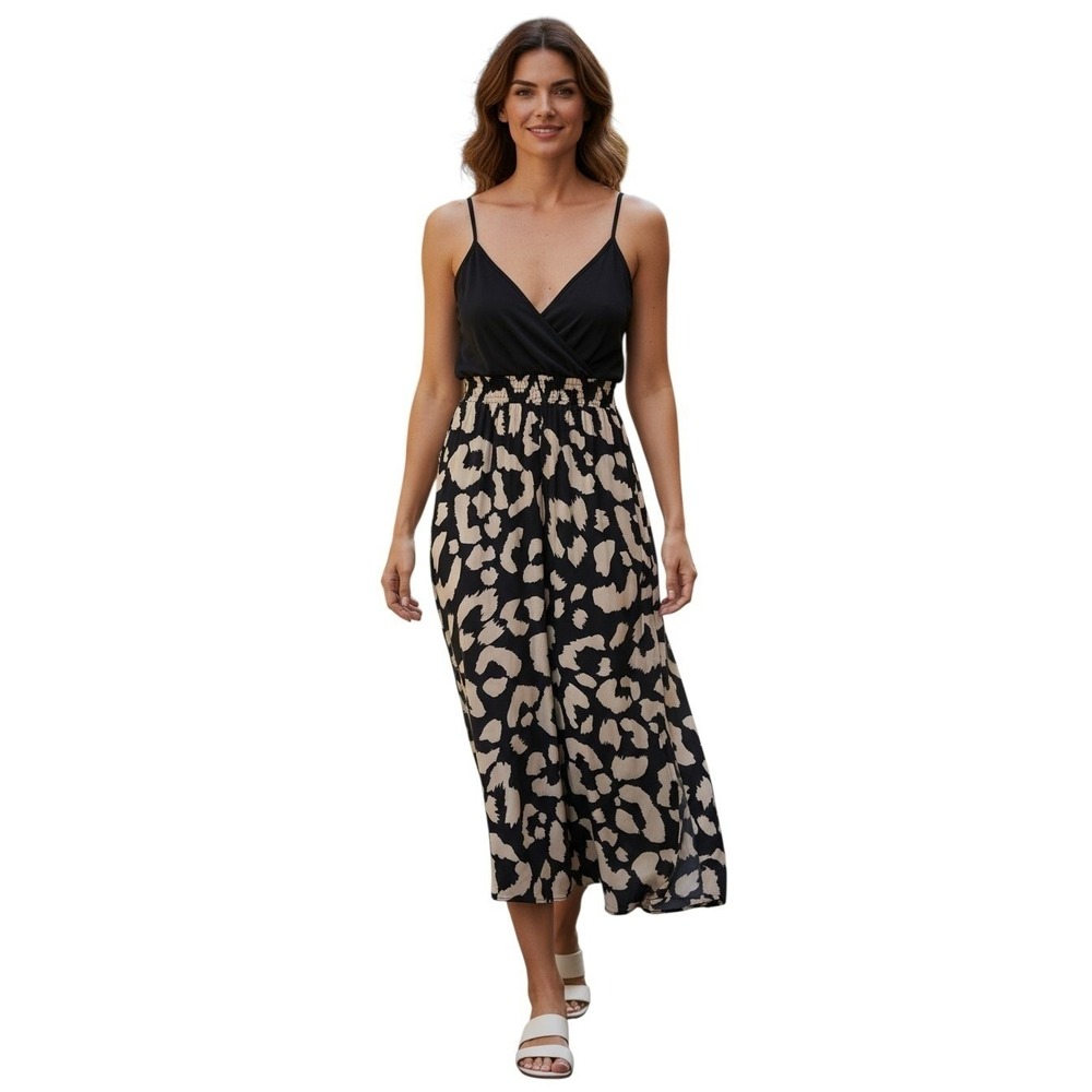 Leopard Print Maxi Dress Black Tan Surplice V-Neck Side Slit‎ Sleeveless Small